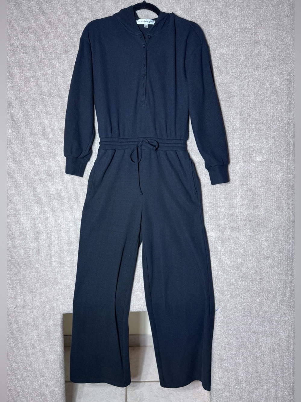 Madden Girl Black Ribbed Hooded Wide Leg Jumpsuit Small Lounge Travel Athleisure